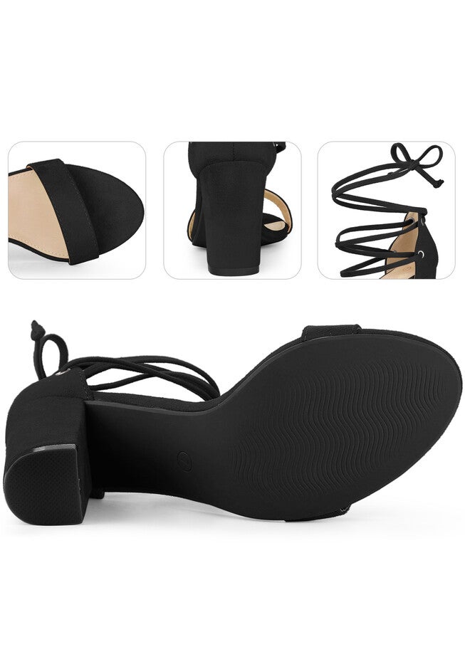 Strappy Lace Up Chunky High Heel Sandals, Black / Black, alternate image number 3