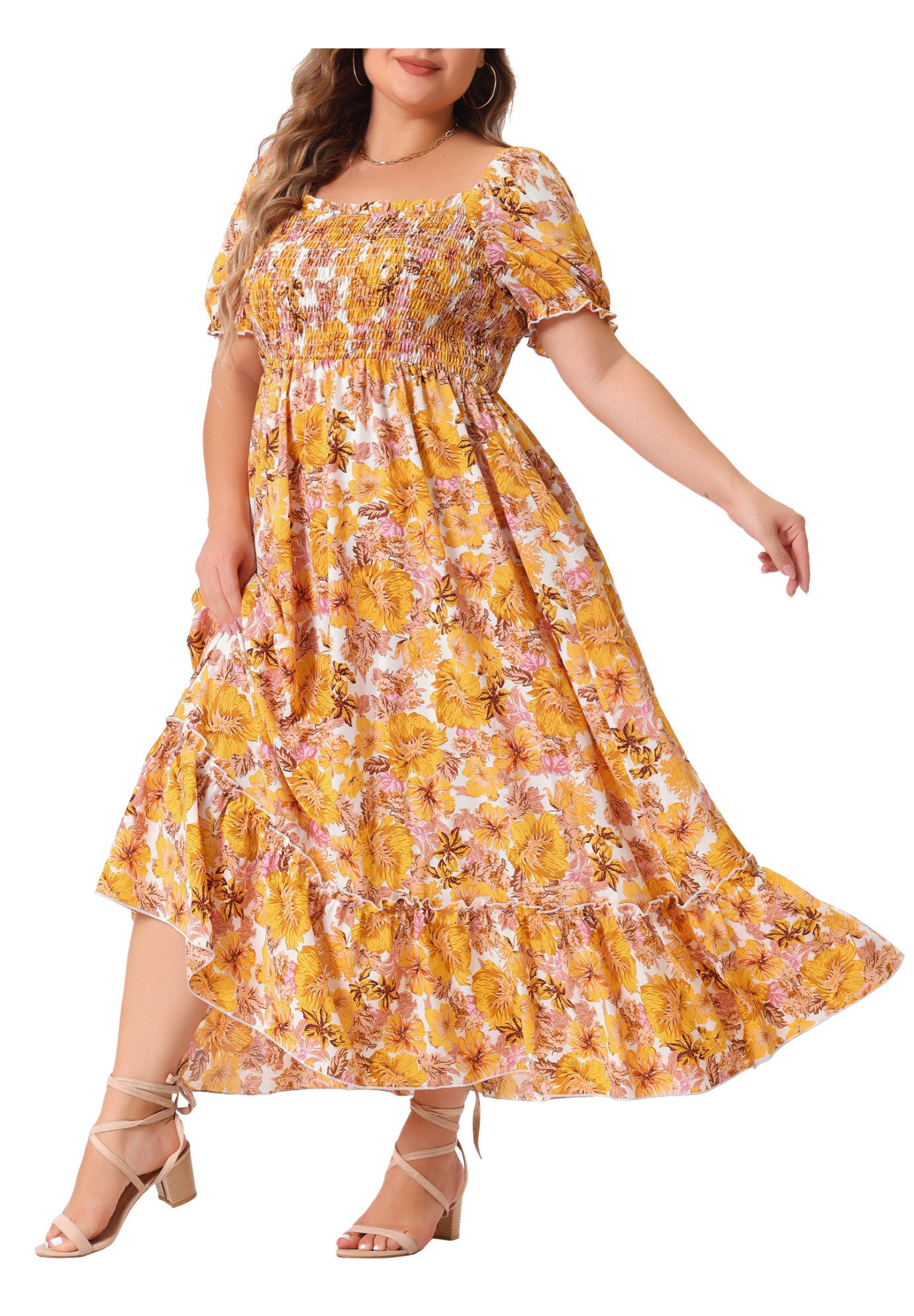 Short Sleeve Shirred Square Neck Floral Maxi Dress, Dark Yellow / Yellow, alternate image number 2