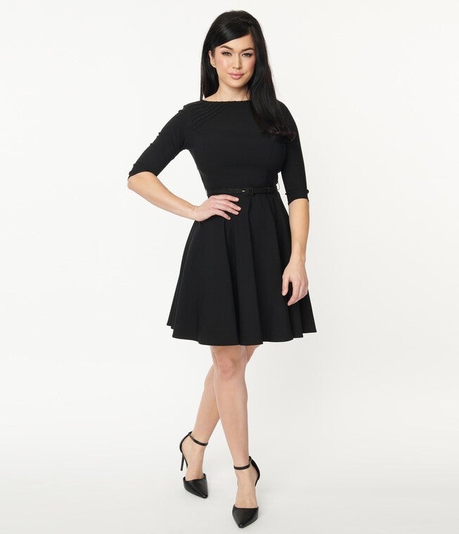 Unique Vintage Black Stephanie Fit & Flare Dress, Black / Black, hi-res image number null
