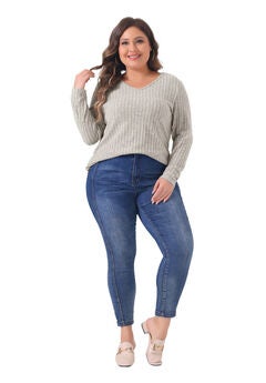 V Neck Long Sleeve Ribbed Brushed Tunic Blouse