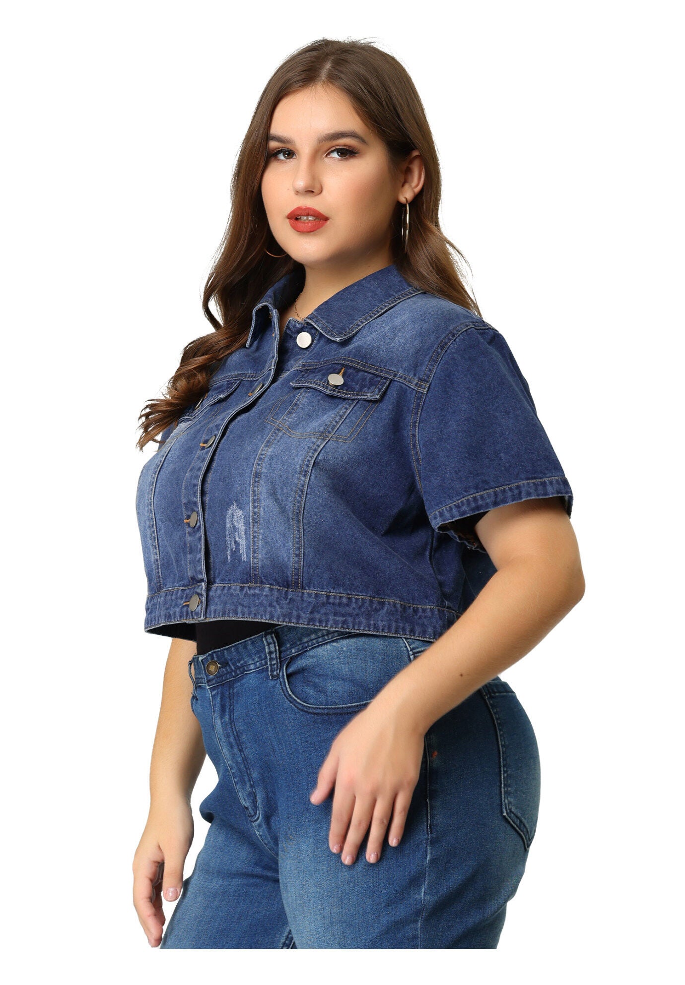 SHORT SLEEVE BUTTON DOWN CROPPED DENIM JACKET, Blue / Royal Blue, alternate image number 3