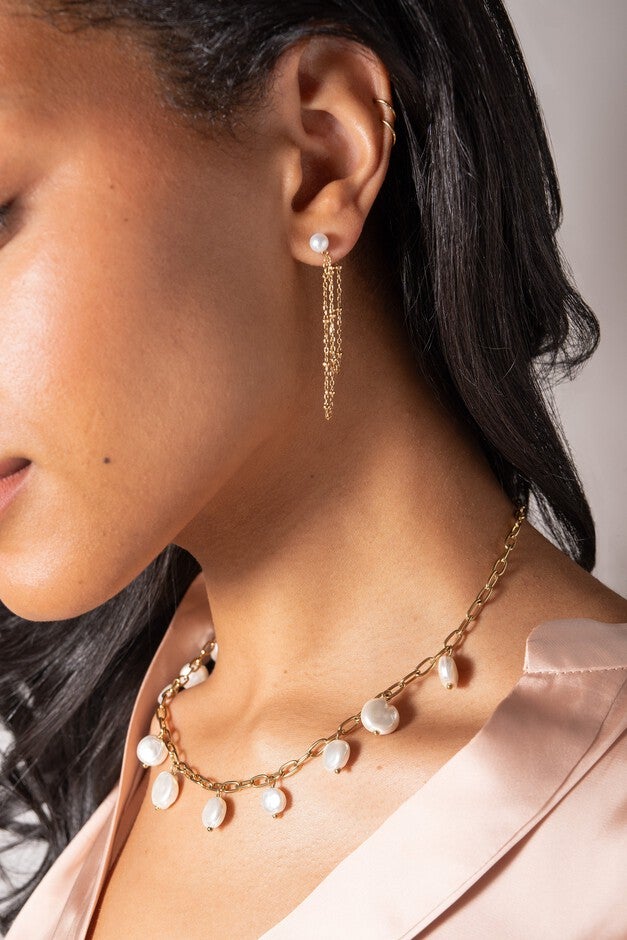 Freshwater Pearl Front-And-Back Earrings, Gold / Gold, alternate image number 1