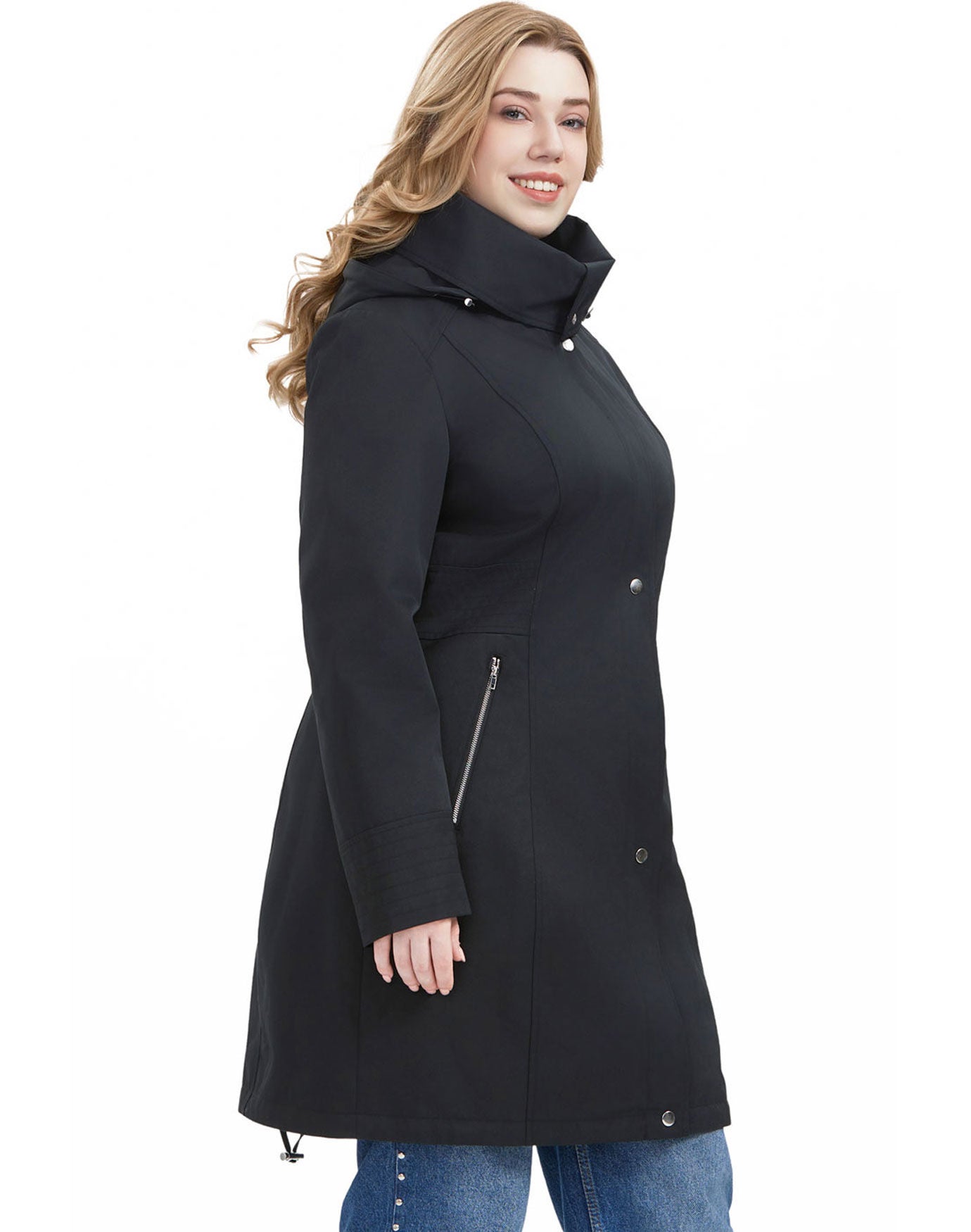 Mid-Length Hooded Anorak Jacket, Black, alternate image number 2