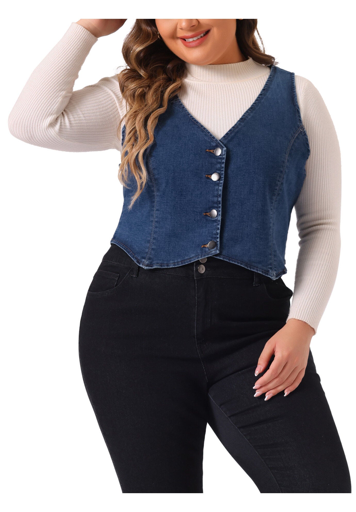 V NECK BUTTON DOWN DENIM VEST, Blue / Chambray Denim Medium, alternate image number 2