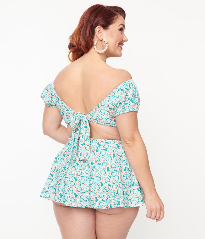 Unique Vintage 1940s Turquoise Retro Hearts Off The Shoulder Swim Top, , alternate image number 3