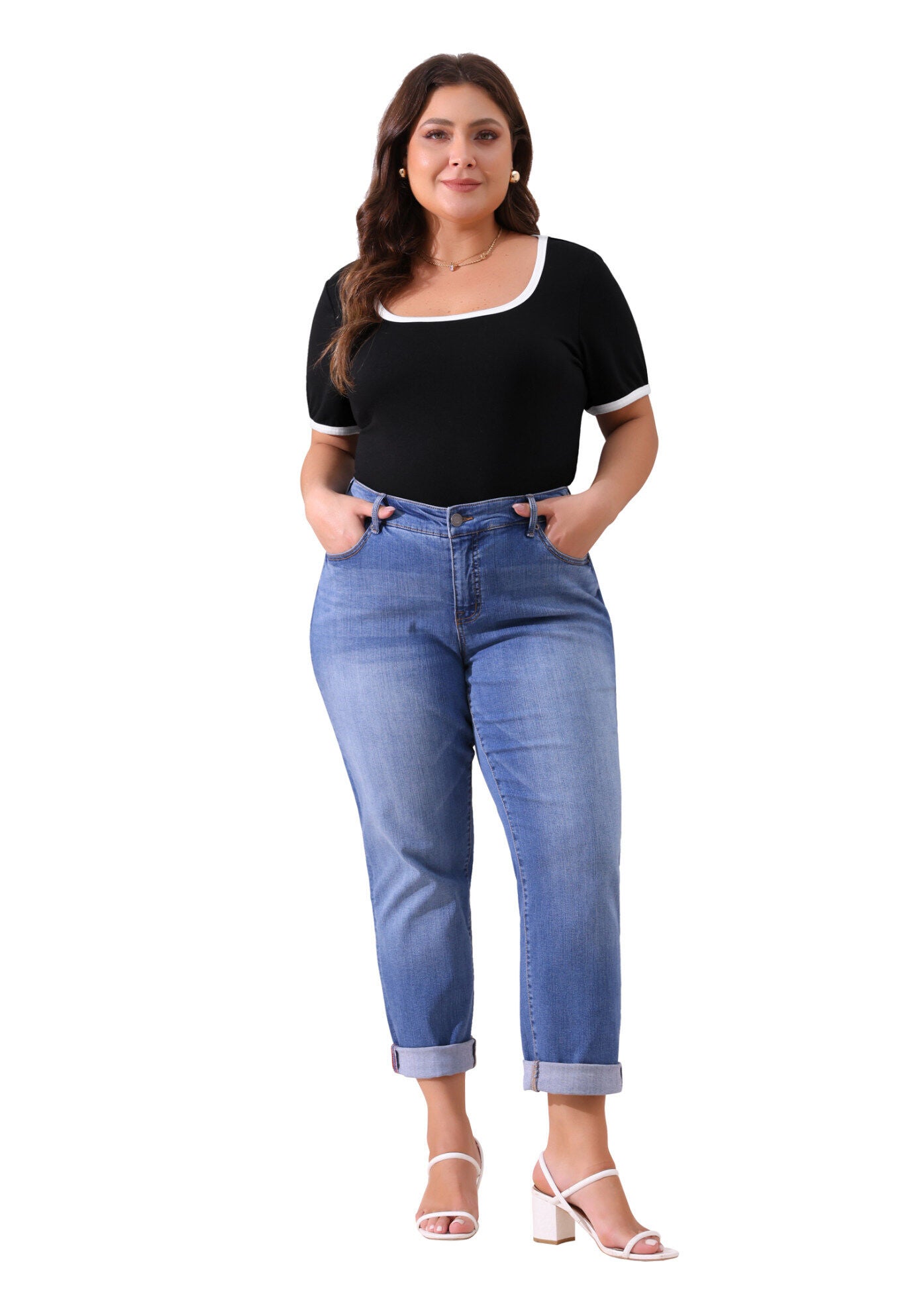 Square Neck Short Sleeve T-Shirt Ribbed Knit Color Block Slim Top, Black / Black, hi-res image number 0