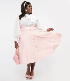 Unique Vintage Pink & White Gingham Button Suspender Swing Skirt