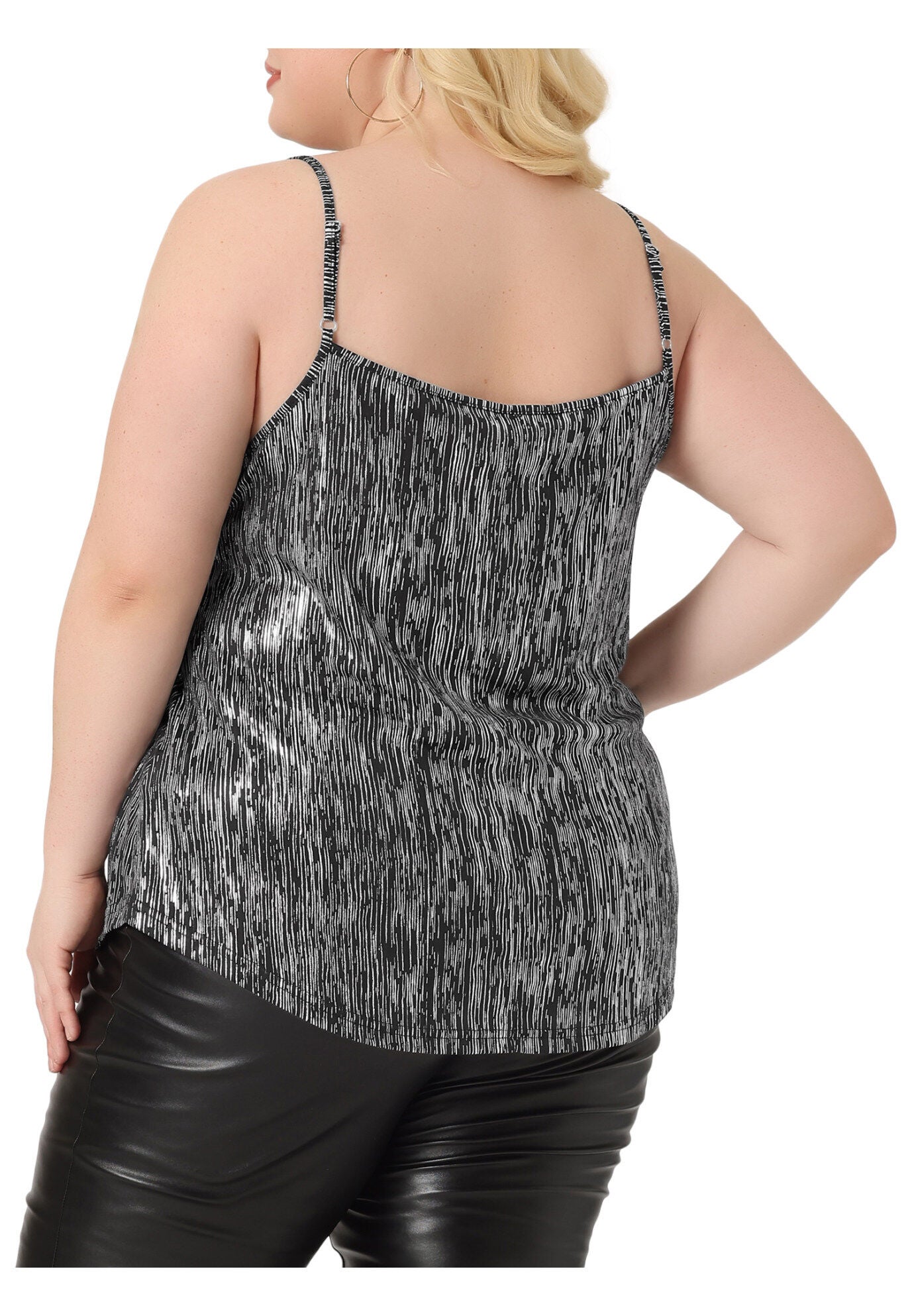 V NECK GLITTER CAMI SLEEVELESS SEQUIN TANK TOP, Black Silver / Silver, alternate image number 3
