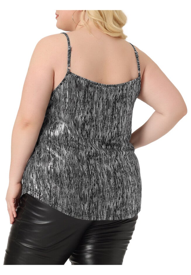 V NECK GLITTER CAMI SLEEVELESS SEQUIN TANK TOP, Black Silver / Silver, alternate image number 3