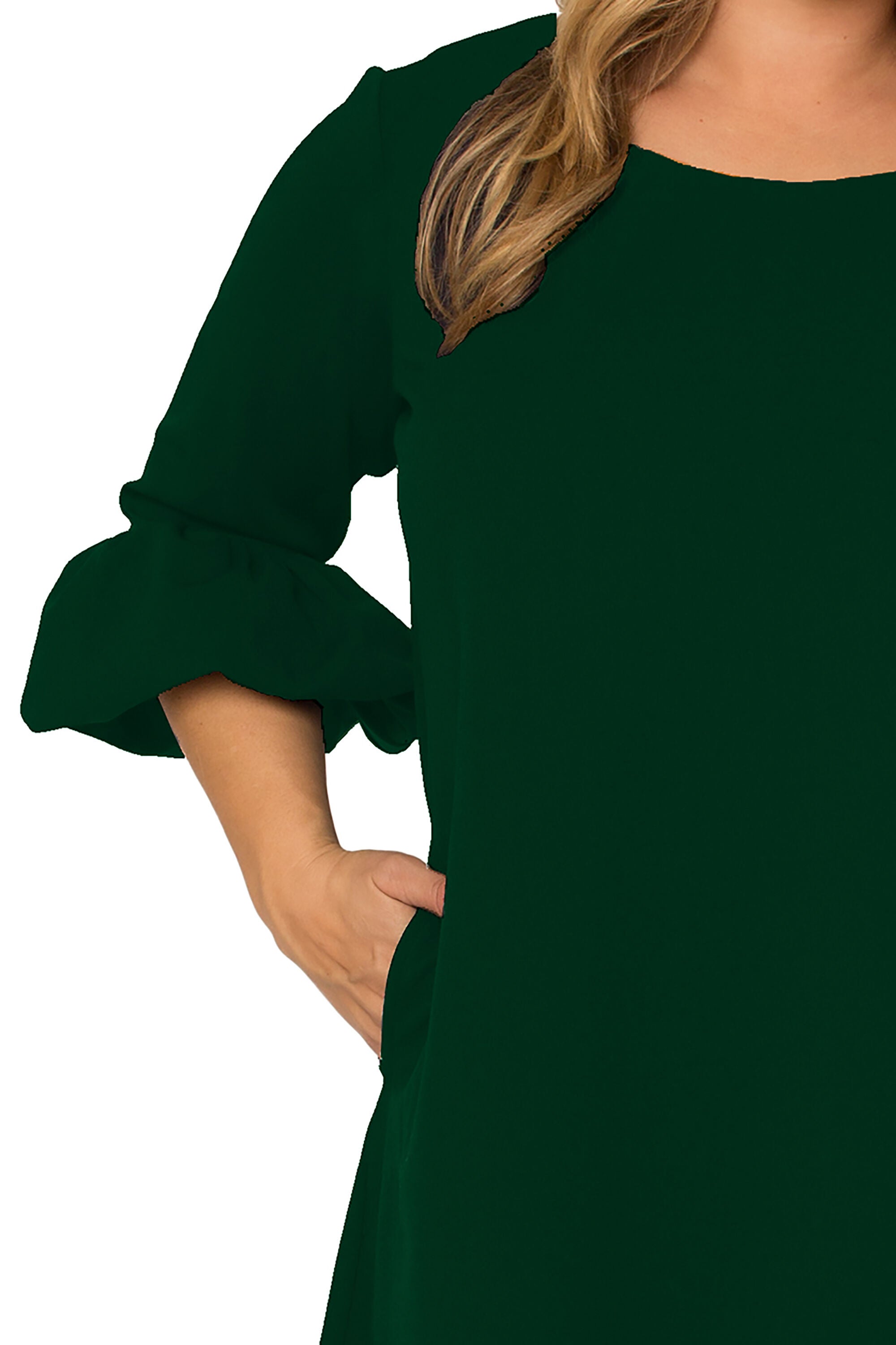 Plus Size Women&#39;s Crepe Knit 3/4 Balloon Sleeves Midi Shift Dress, Hunter Green / Hunter Green, alternate image number 3