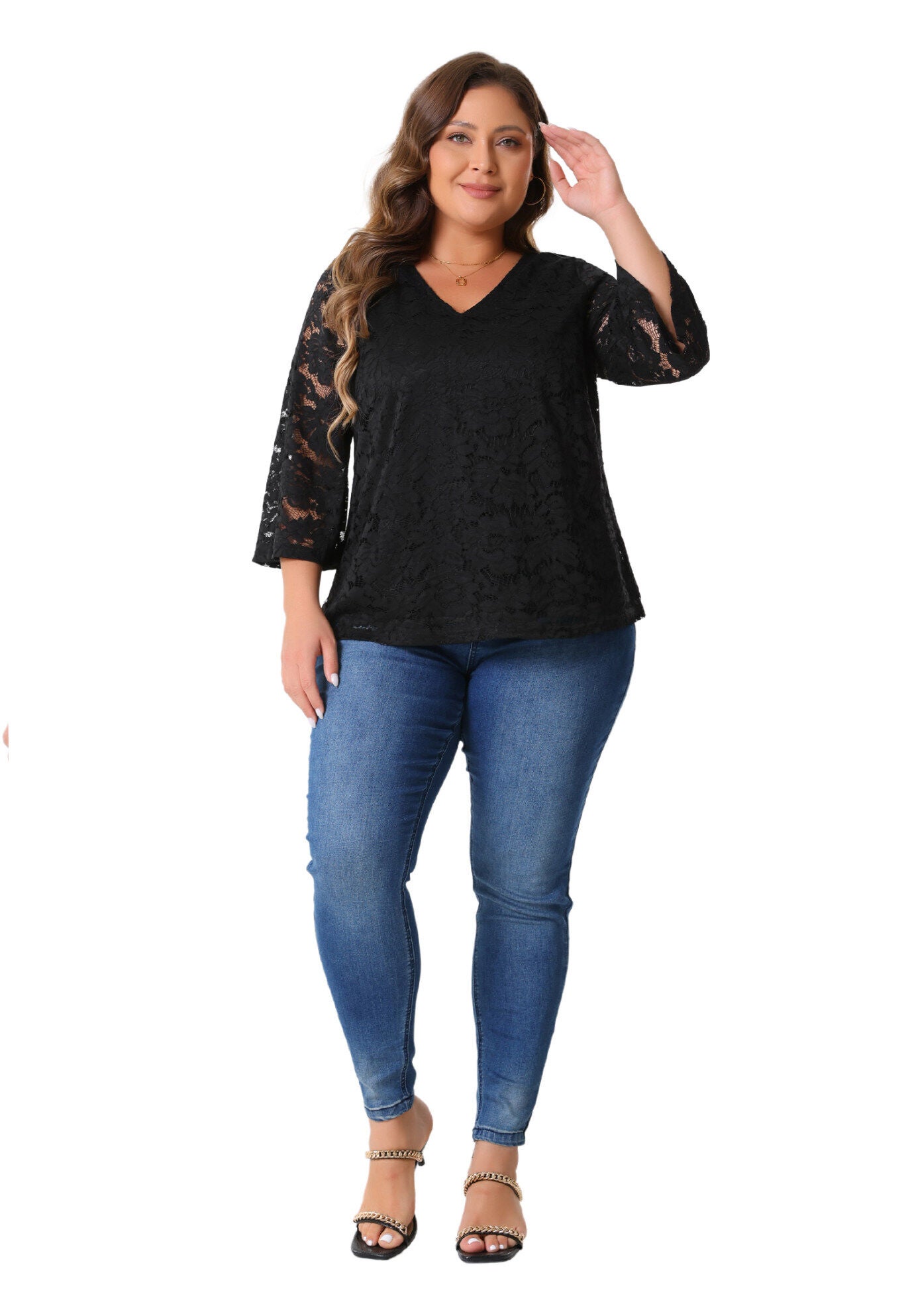 3/4 Bell Sleeve V Neck Elegant Floral Lace Blouse, Black / Black, hi-res image number 0