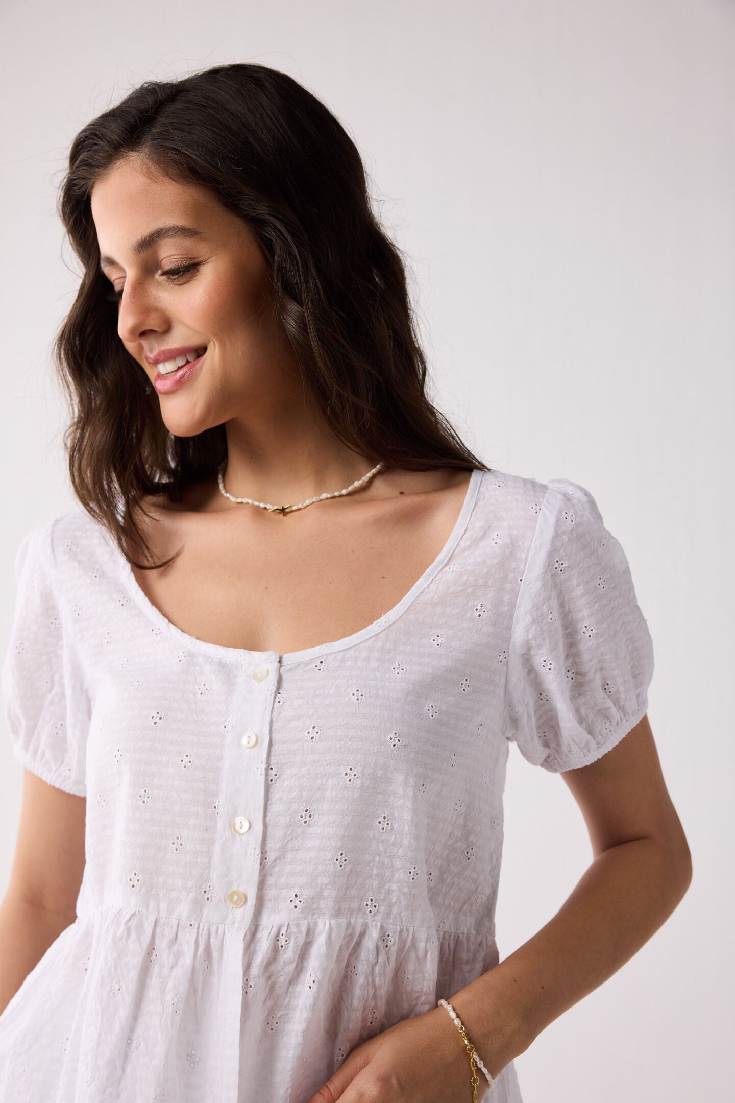 Embroidered Peplum Top with Puff Sleeves in White, Textured Eyelet in White / White, alternate image number 5