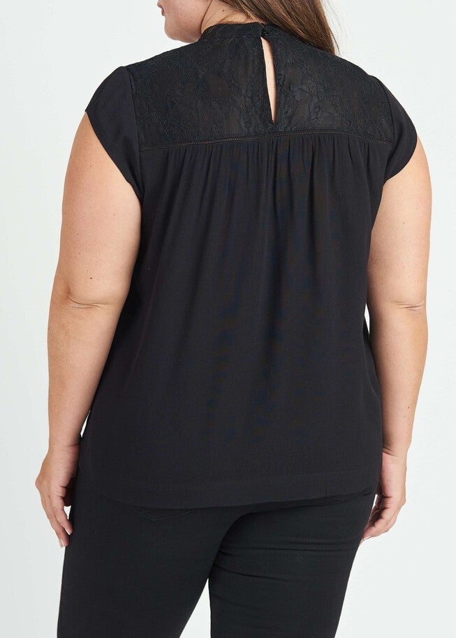 Tatiana Cap Sleeve Blouse with Lace Yoke, BLACK / Black, alternate image number null