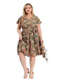Floral Printed V Neck Summer Midi Flared Dress