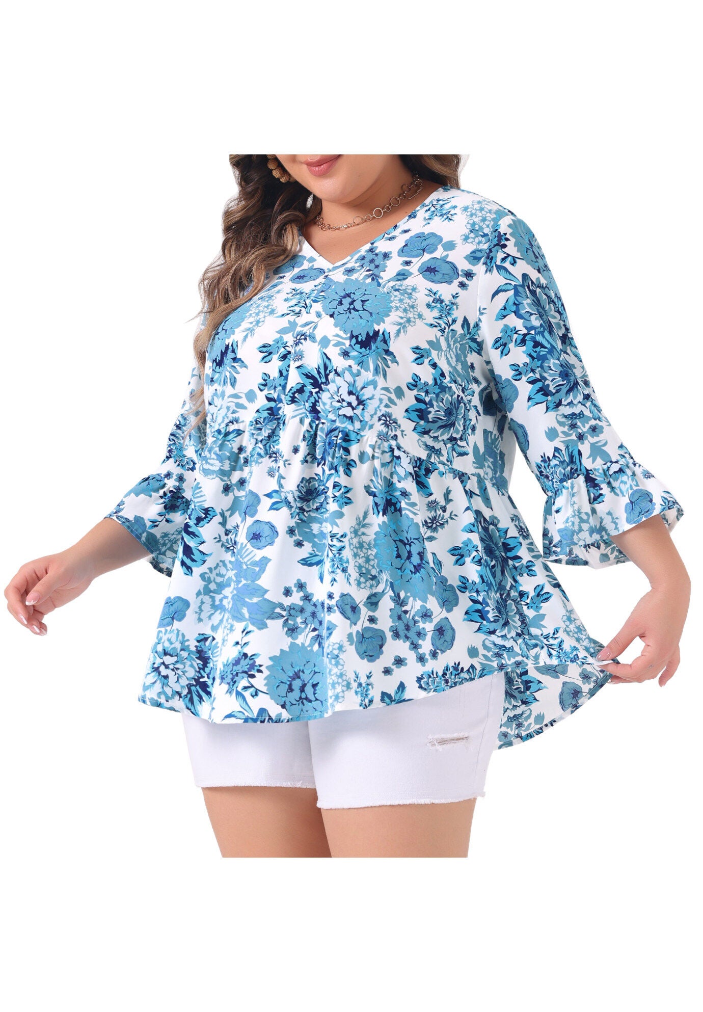 Floral V Neck Ruffle Sleeve Babydoll Peplum Blouse, Blue / Azure Blue, alternate image number 2