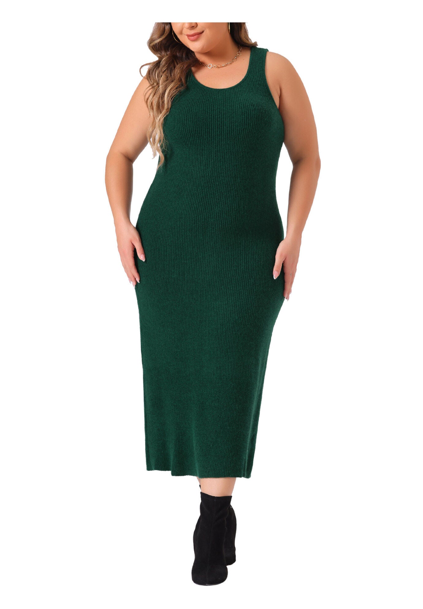 Crew Neck Sleeveless Knit Bodycon Midi Sweater Tank Dress, Dark Green / Forest Green, alternate image number 2
