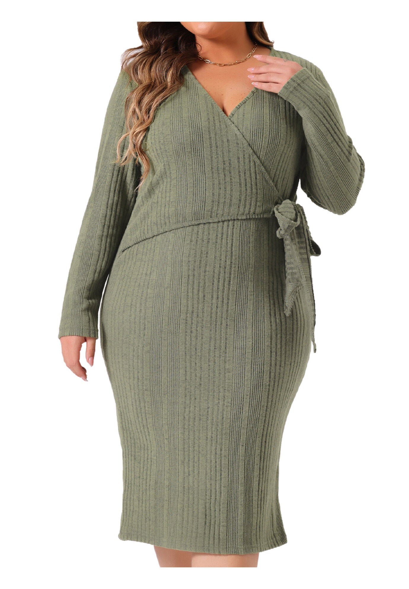 Wrap V Neck Long Sleeve Back Slit Elegant Midi Dress with Belted, Green / Sage Green, alternate image number 2