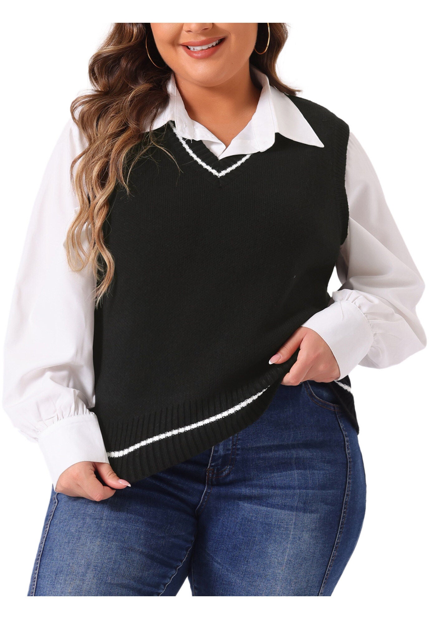 V Neck Stripe Cable Knit Pullover Sweater Vest, Black / Black, alternate image number 2