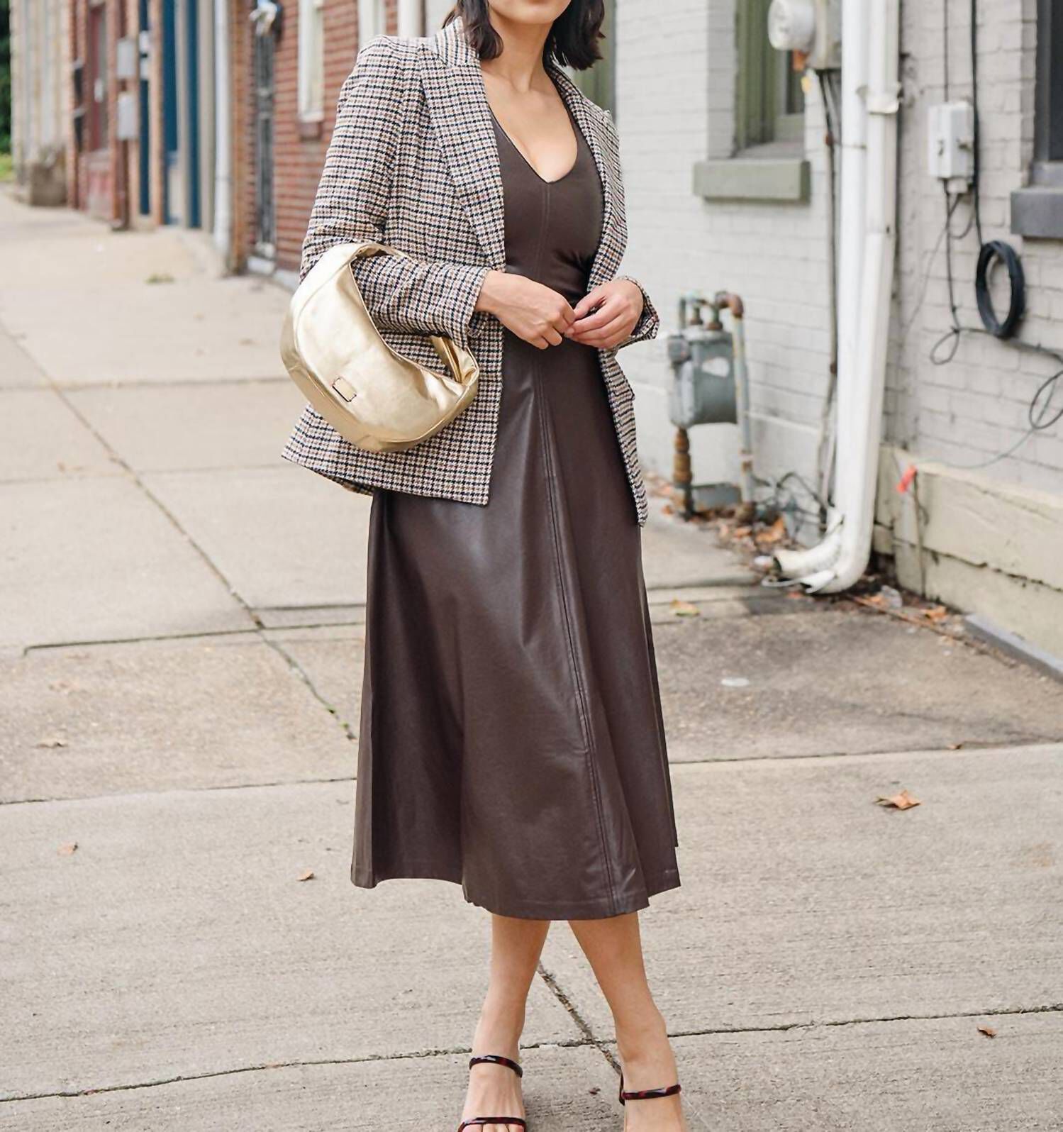 SABAL FAUX LEATHER MIDI DRESS IN CHOCOLATE, , alternate image number 7