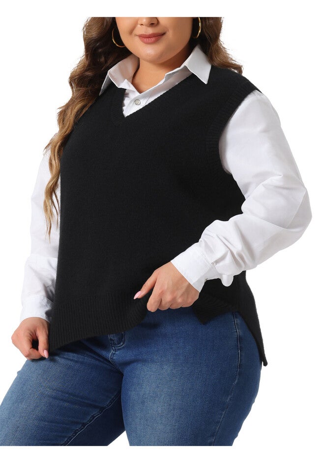 V Neck Knit Vest Sleeveless Pullover Sweater Top, Black / Black, alternate image number 1