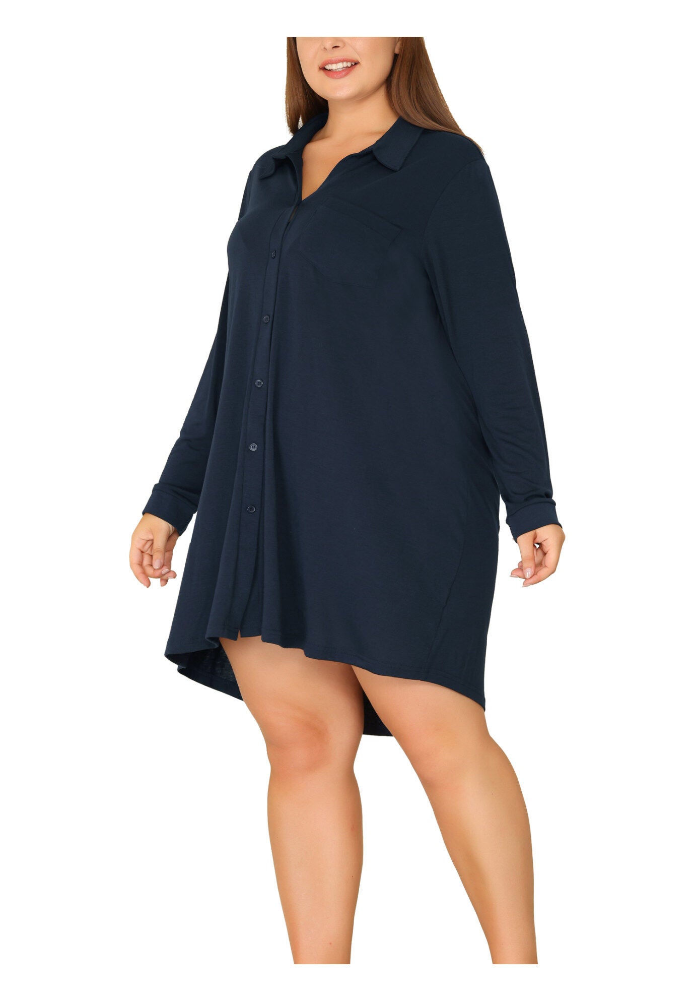 Long Sleeve Button Down Nightshirt V-Neck Sleepwear, Navy Blue / Navy, alternate image number 1