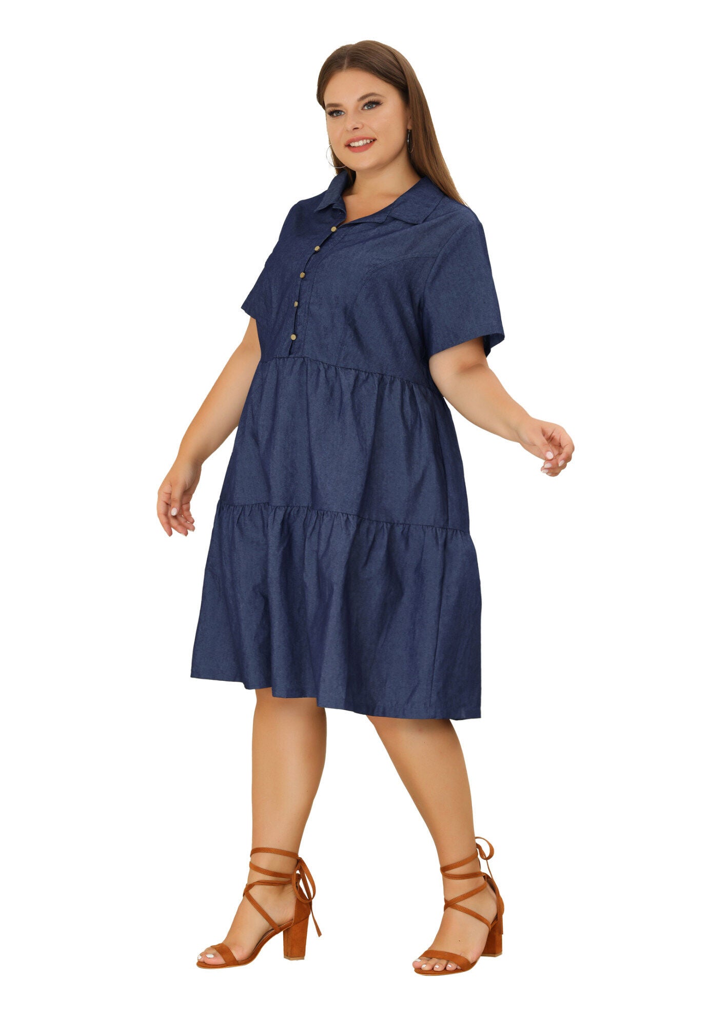 Short Sleeve Button Down Flowy Tiered Shirt Chambray Dress, Black Blue / Navy, hi-res image number 0