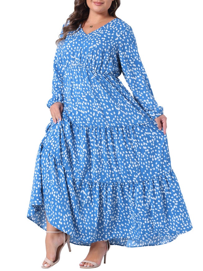 Printed Long Maxi Dress Lantern Sleeve Ruffle Hem Flowy Boho Dress, Blue / Cornflower Blue, alternate image number 1