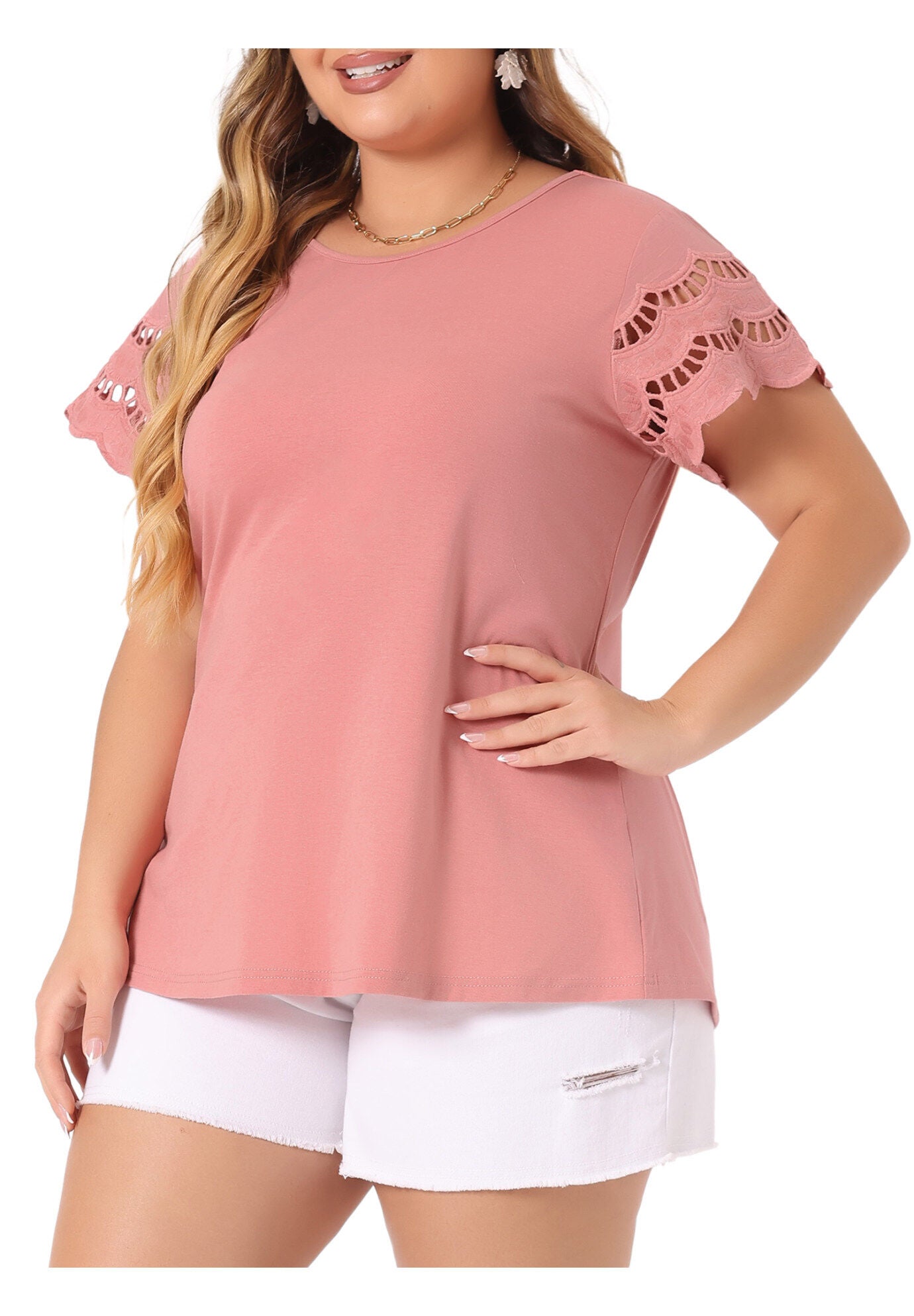 Lace Panel Hollow Short Sleeve Summer Blouse, Pink / Pink, alternate image number 4