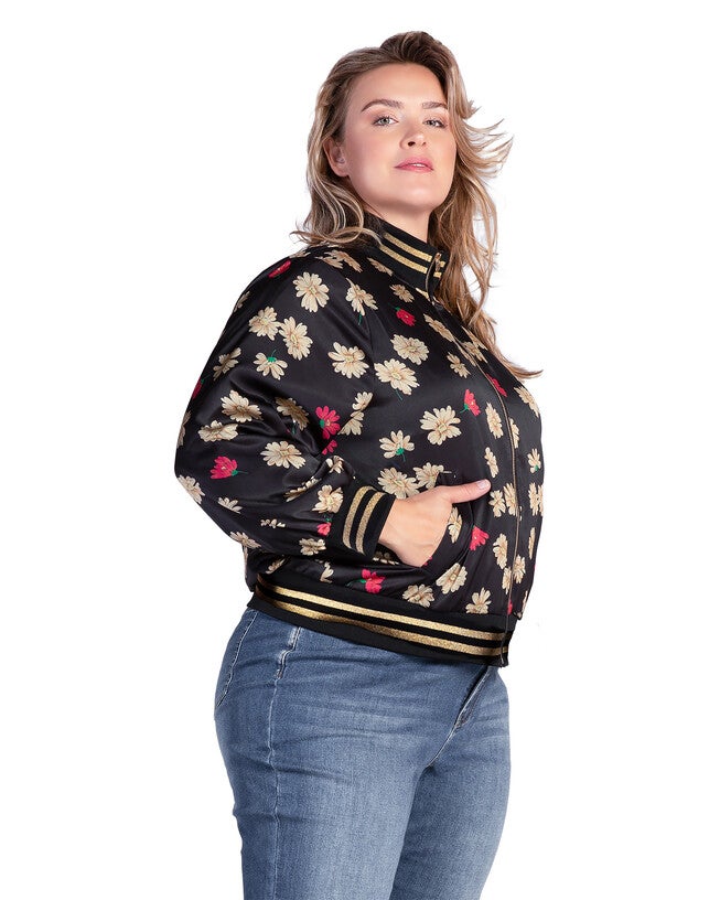Women's Plus Size Cropped Floral Print Bomber Jacket, Blk Sparkler / Black, alternate image number 1
