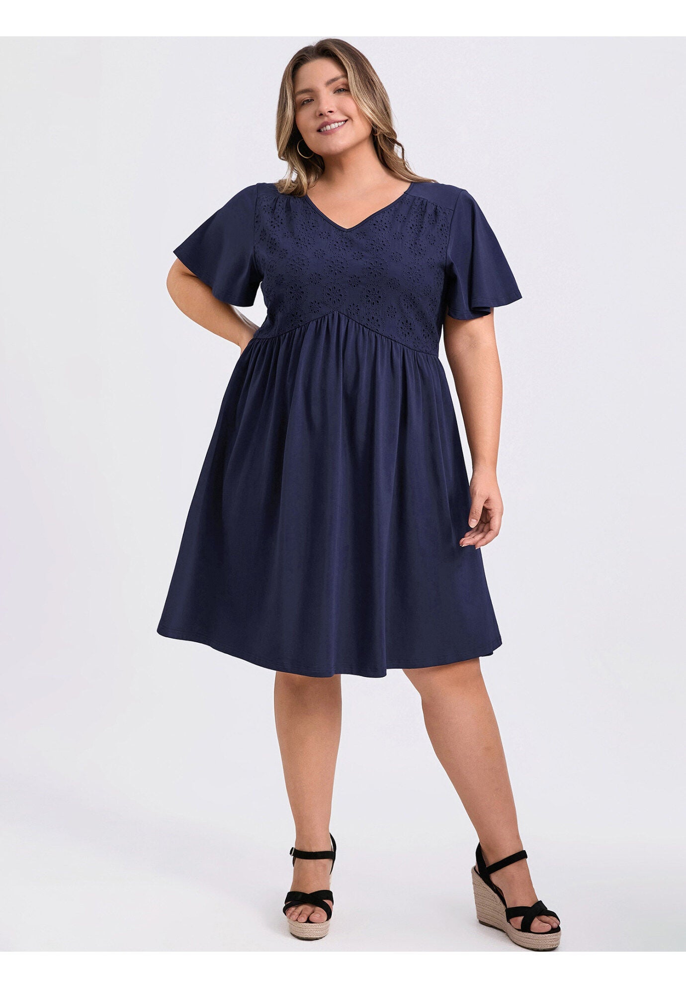 Summer V Neck Ruffle Sleeve Pleated Swing A-Line Dress, Navy Blue / Navy, alternate image number 1