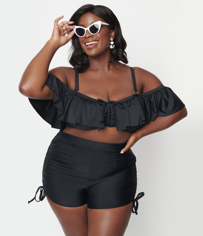 Unique Vintage Black Pull Tie Swim Shorts, Black / Black, alternate image number 4