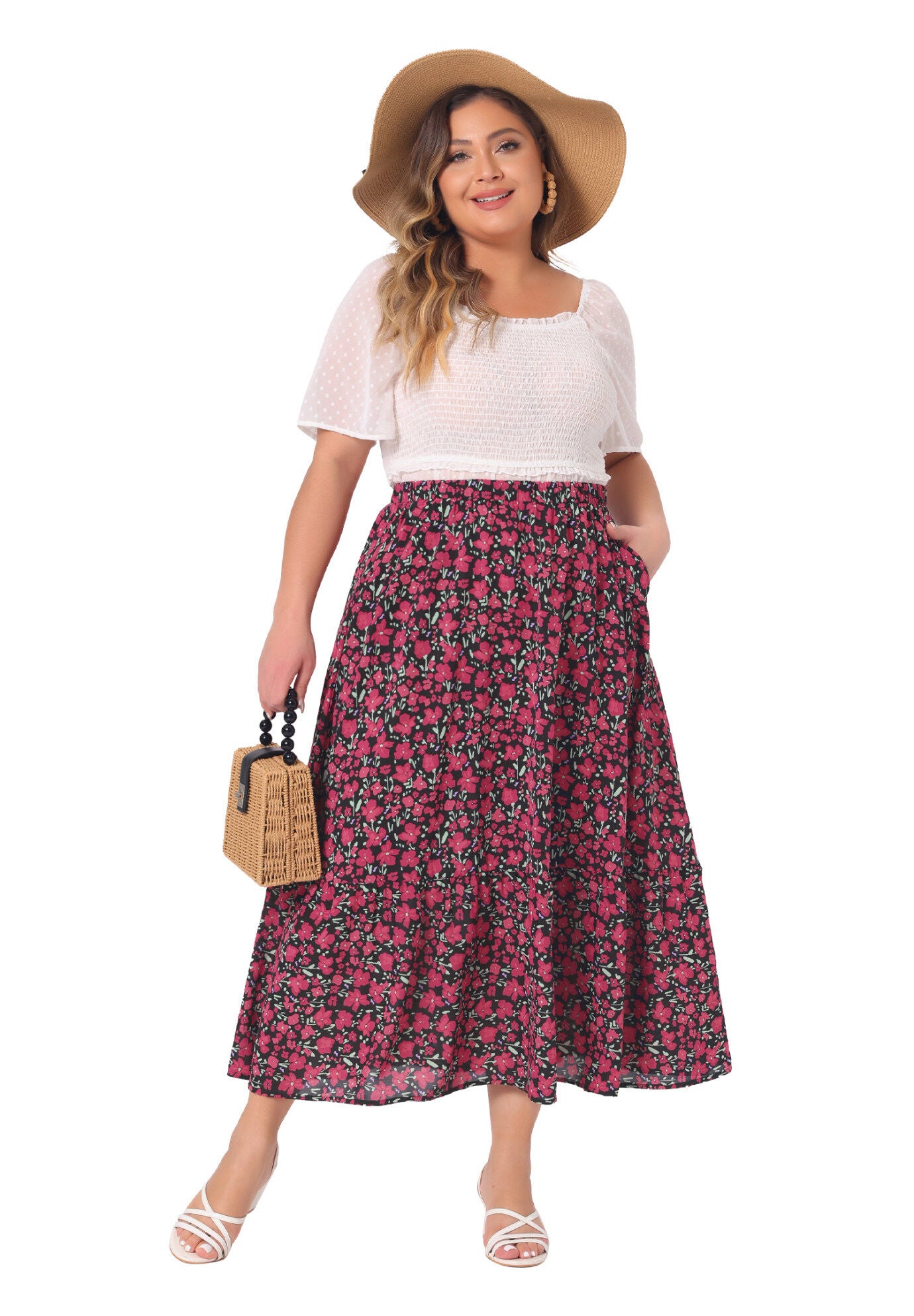 Summer Floral Flowy Stretchy Waist Layered A Line With Pocket Maxi Skirt, Black / Black, hi-res image number 0