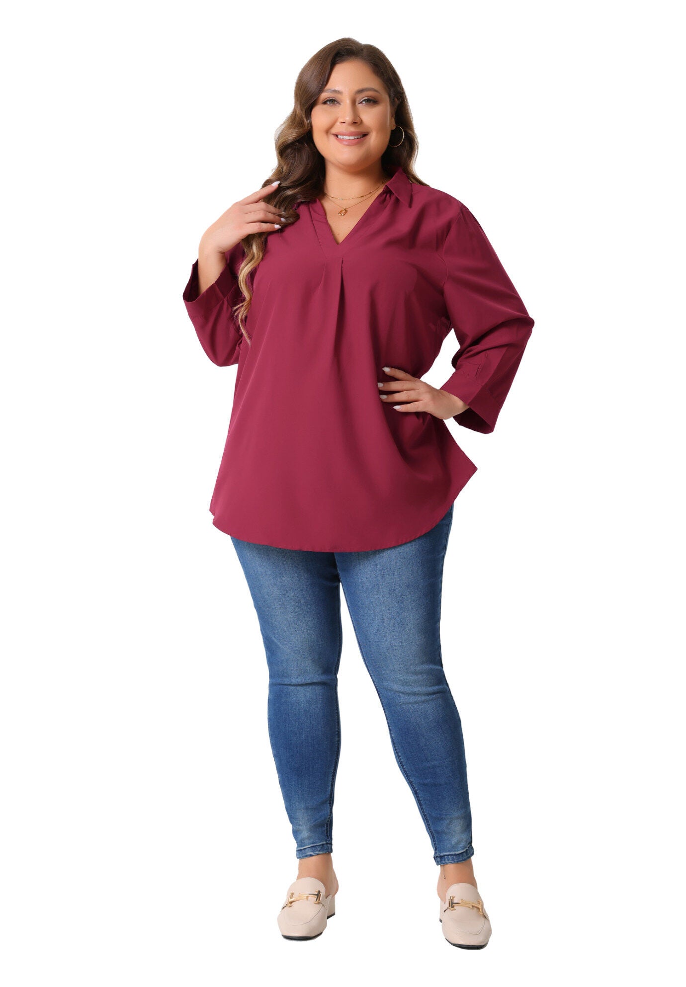 V Neck 3/4 Sleeve Flowy Blouse Work Chiffon Shirt, Burgundy / Burgundy, hi-res image number 0