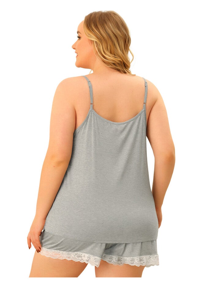 Lace Panel Elastic Waist Cami Sleep Lounge Pajama Sleepwear Set, Gray / Light Grey, alternate image number null