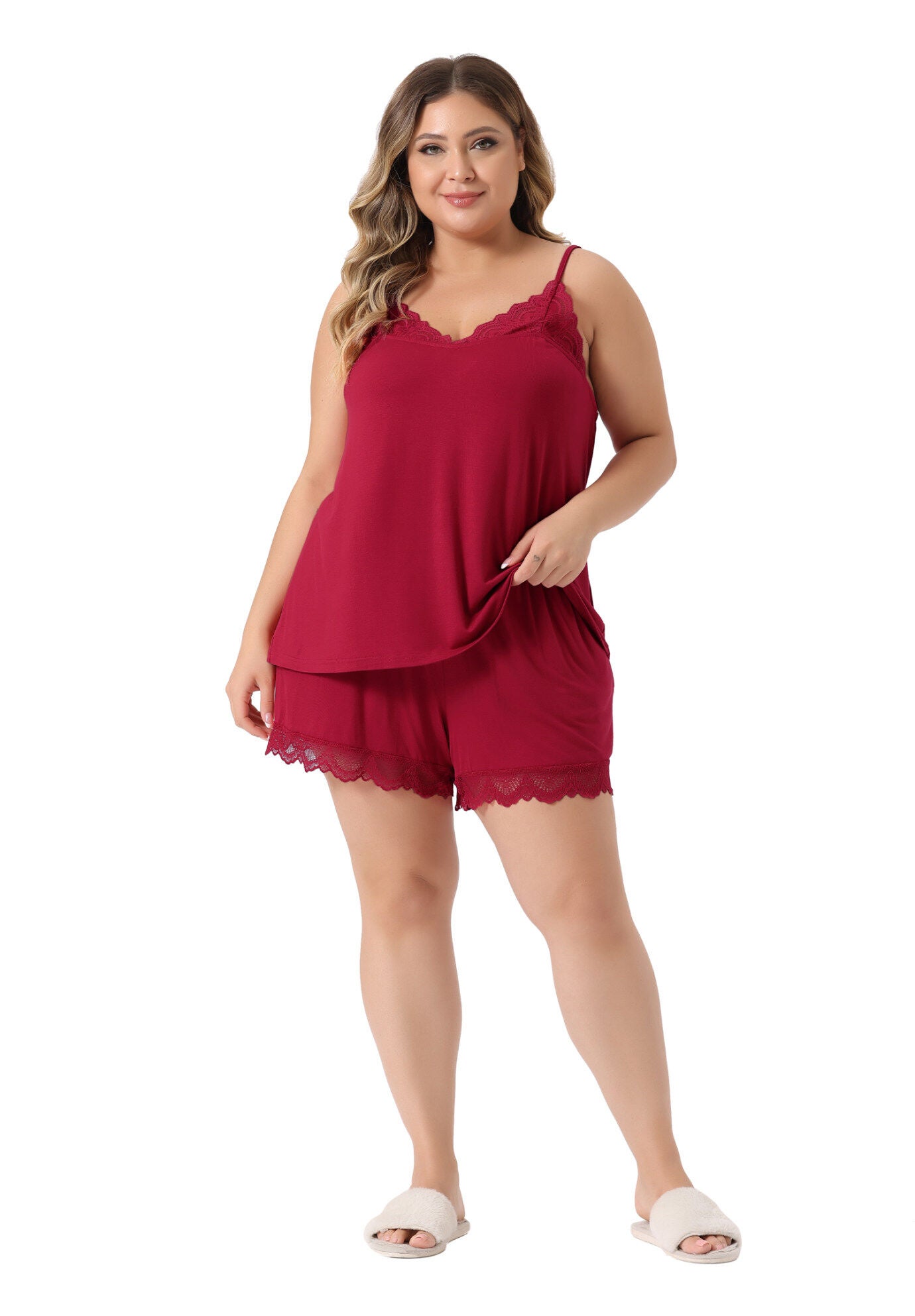 LACE CHEMISE SHORTS SET NIGHTWEAR SLEEPWEAR LOUNGE SET, Red / Red, hi-res image number 0