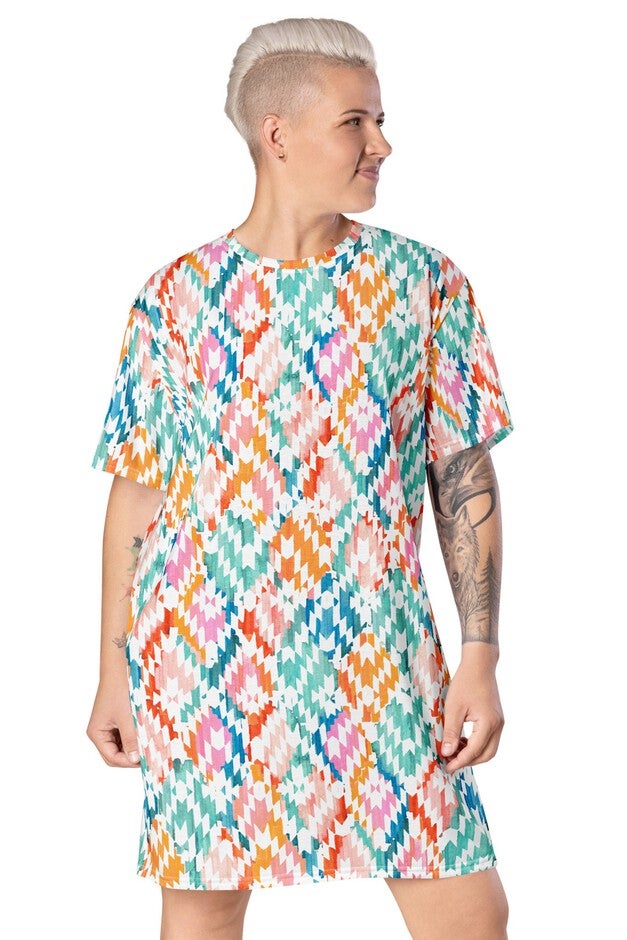 Carnival Ikat T-shirt Dress, Carnival Ikat Print / White, alternate image number null
