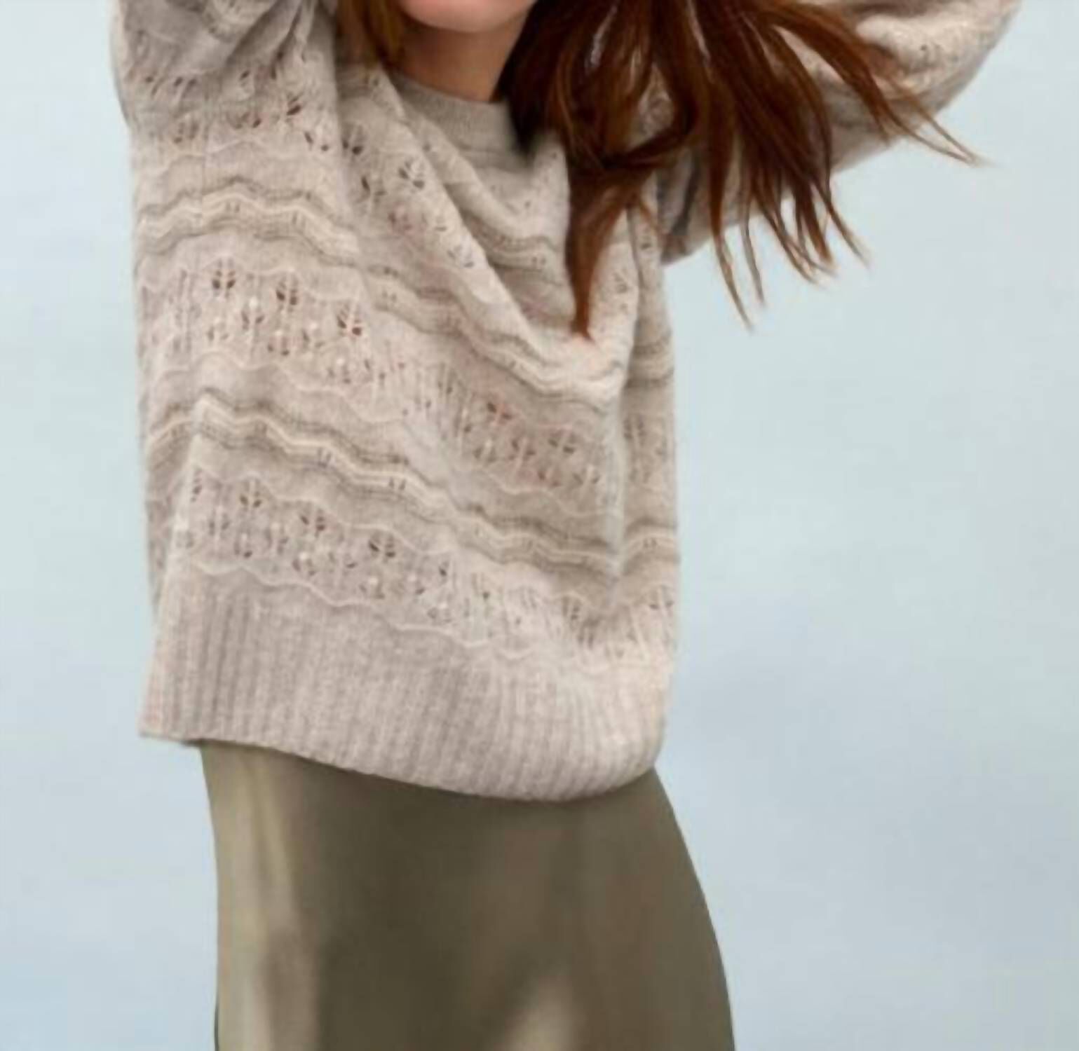 CASHMERE LACE STITCH CREWNECK IN NEUTRAL COMBO, Neutral Combo / Beige, alternate image number 1