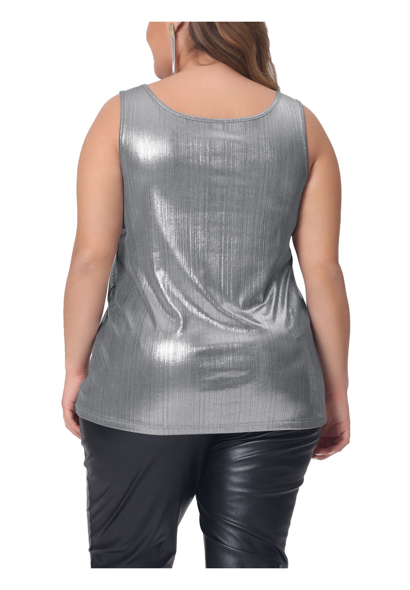 Crew Neck Sleeveless Holographic Shiny Metallic Tank Top, Silver / Silver, alternate image number 3