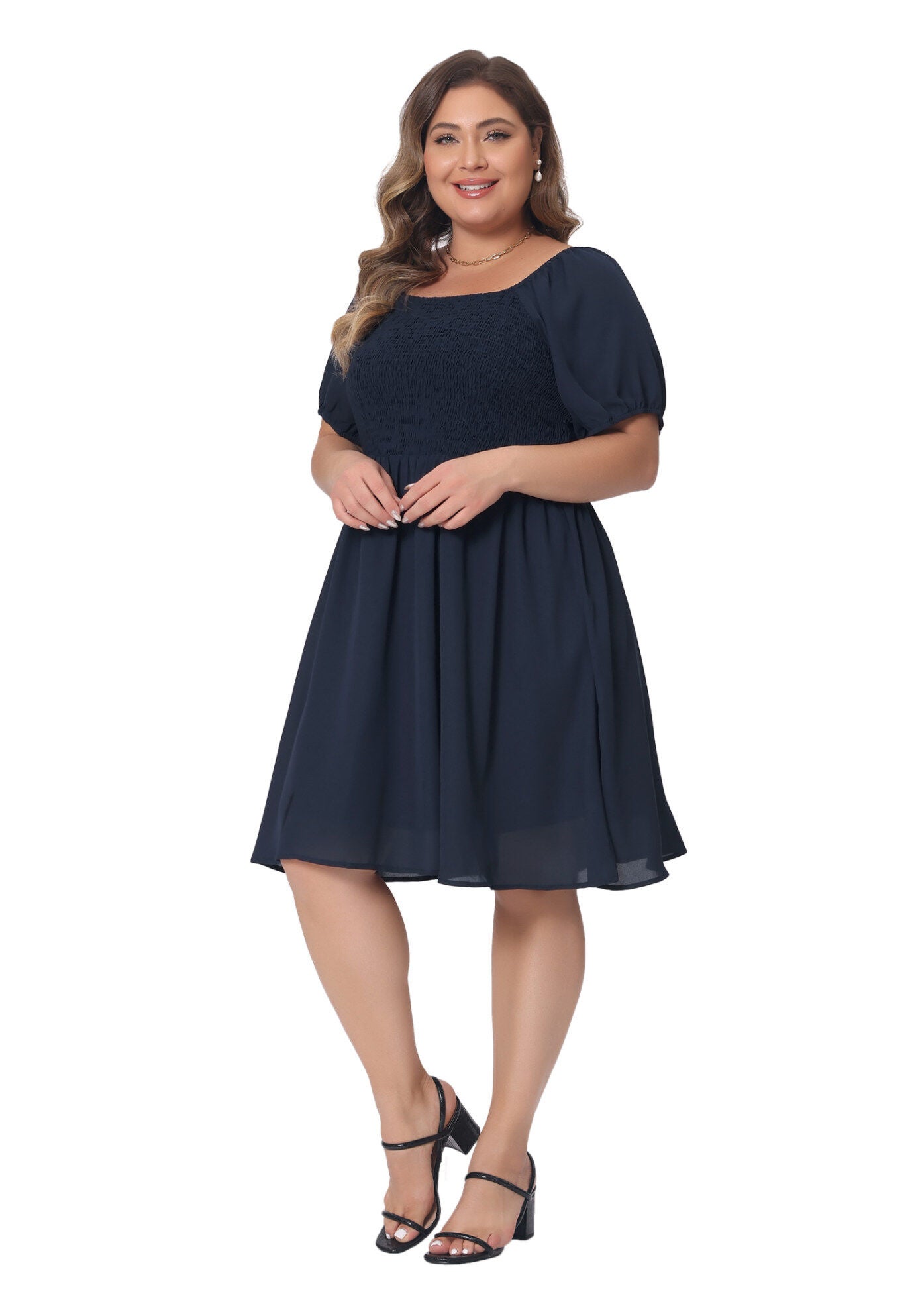 Smocked Square Neck Short Sleeve Stretchy Midi Dress, Navy Blue / Navy, hi-res image number 0