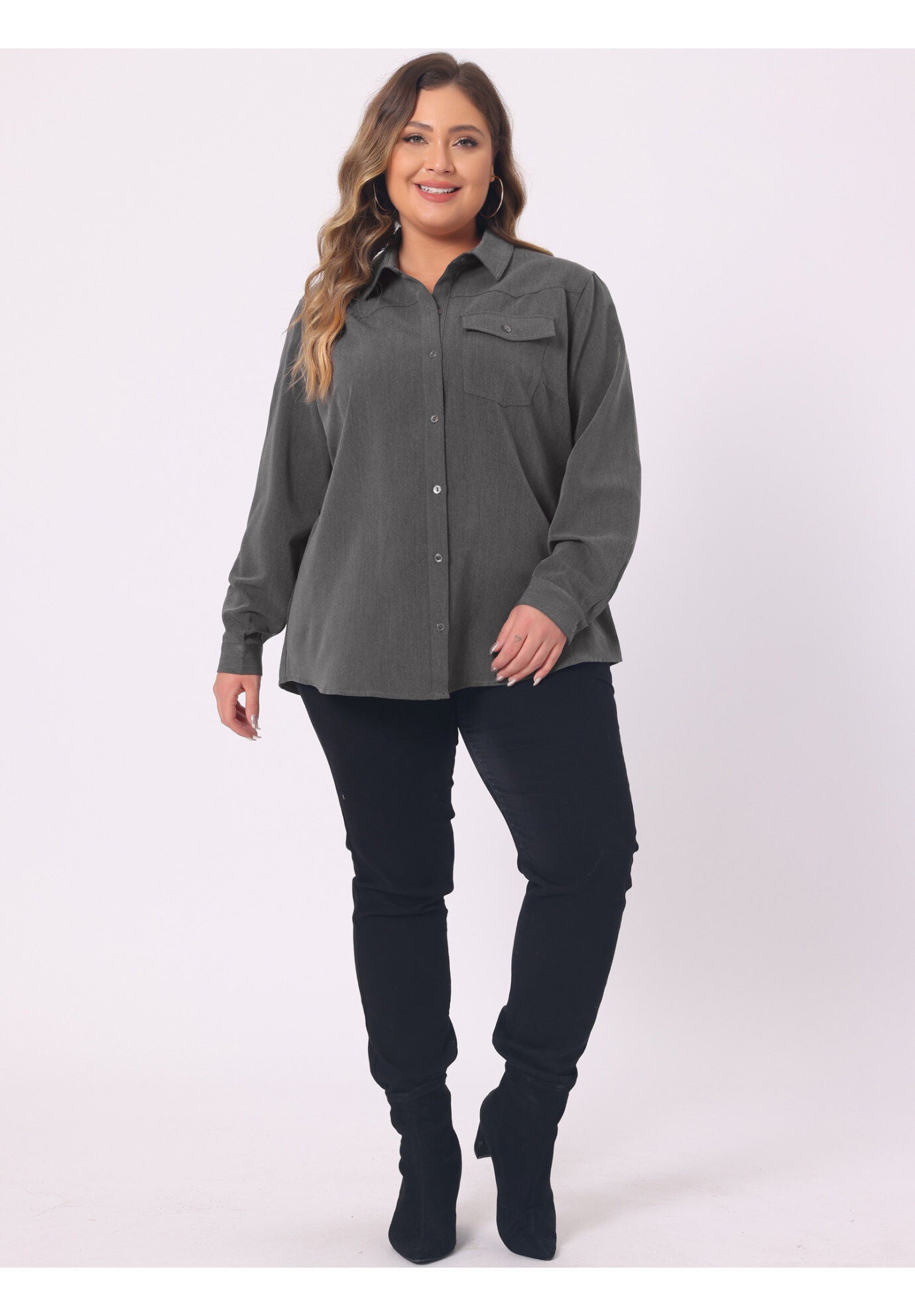 LONG SLEEVE CHEST POCKET DENIM CHAMBRAY SHIRT, Dark Gray / Charcoal Grey, hi-res image number 0
