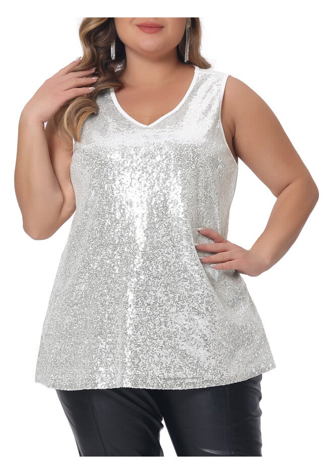 Sleeveless Glitter Sequin Vest Tank Top, Silver / Silver, alternate image number null