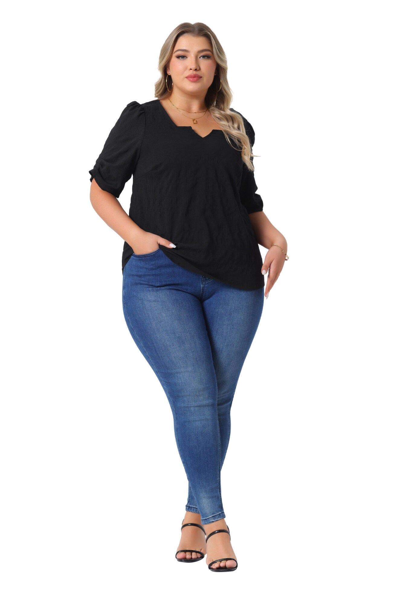 Pleated Notched Short Sleeve Casual Blouse, Black / Black, hi-res image number 0