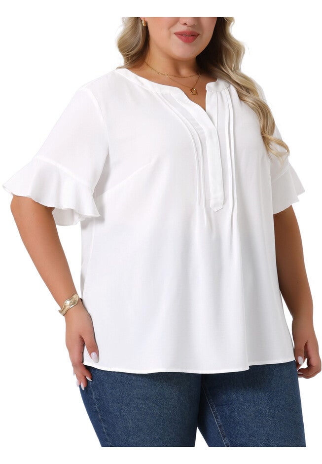 V Neck Ruffle Short Sleeve Chiffon Blouse Shirt, White / White, alternate image number 1
