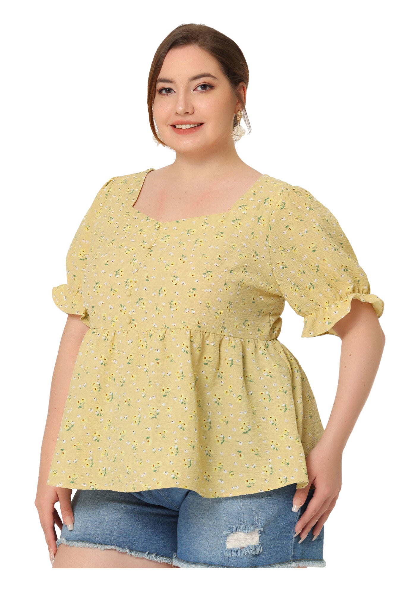 Sweetheart Neck Floral Peplum Top, Yellow / Yellow, hi-res image number 0