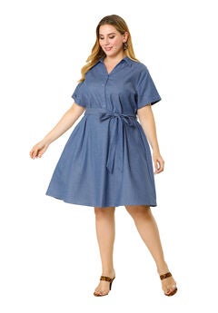 Buttons Belted Short Sleeves Chambray Dress