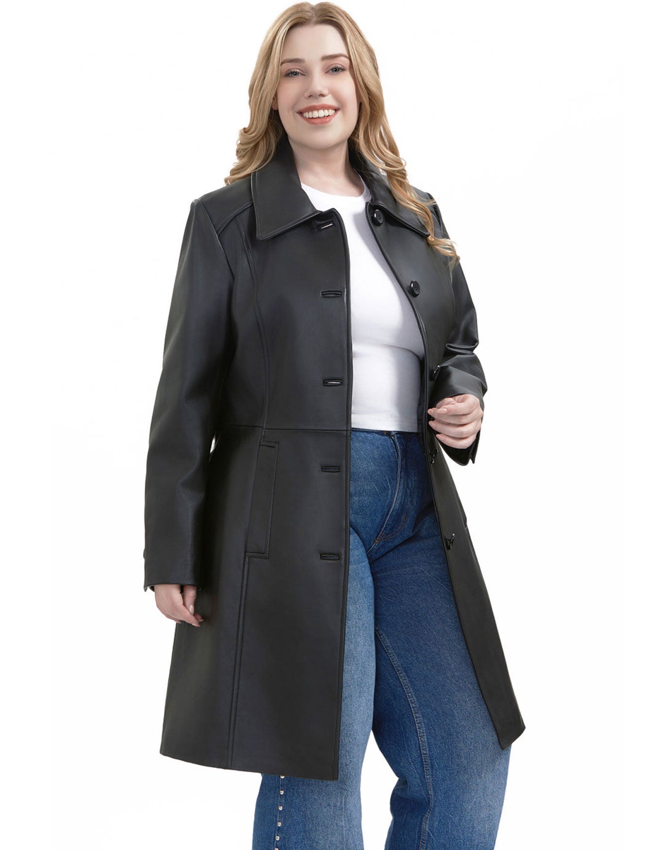 Maisy Leather Long Coat, Black, alternate image number 2