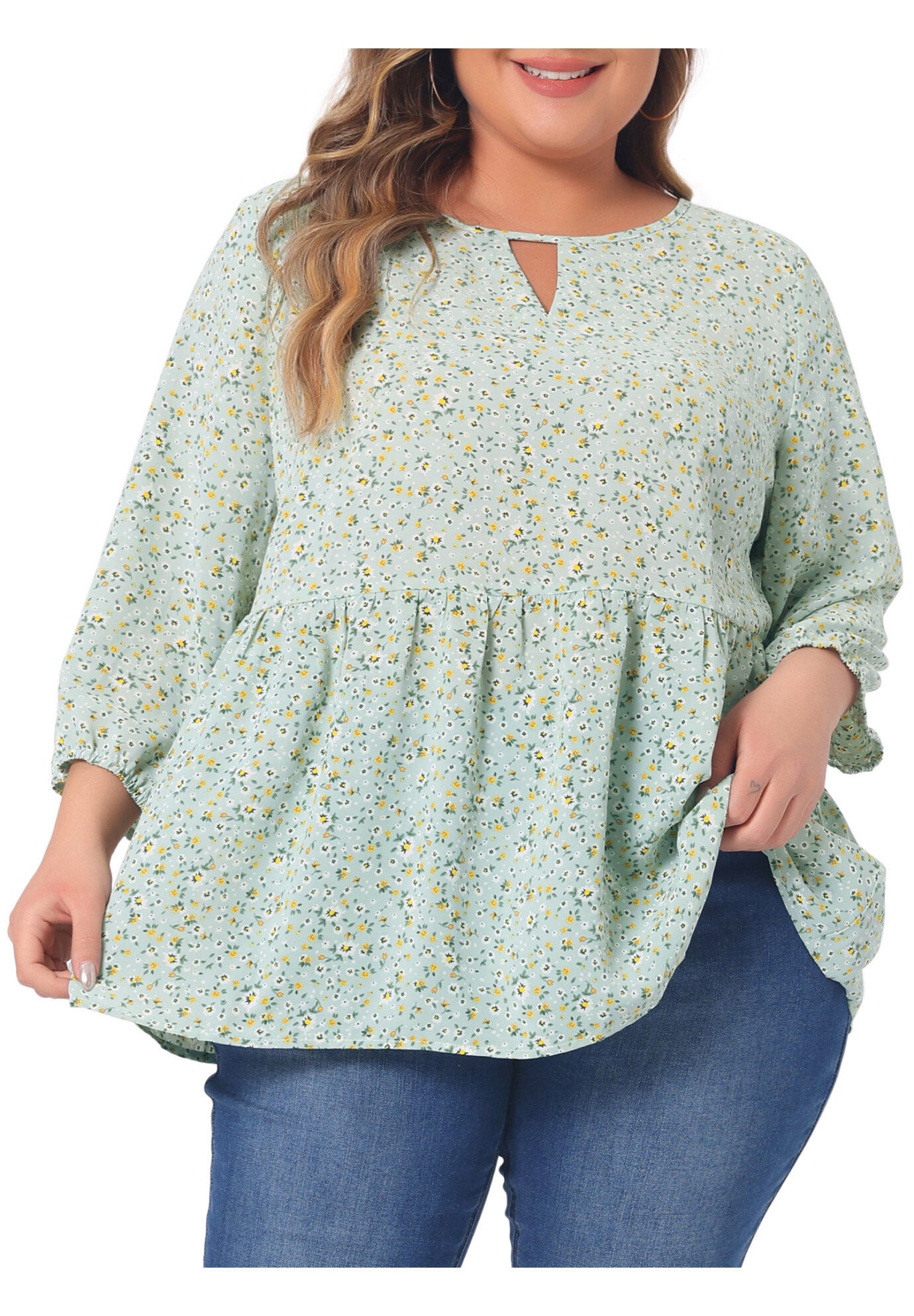3/4 Sleeves Babydoll Chiffon Keyhole Floral Flowy Top Blouse, Light Green / Light Green, alternate image number 1