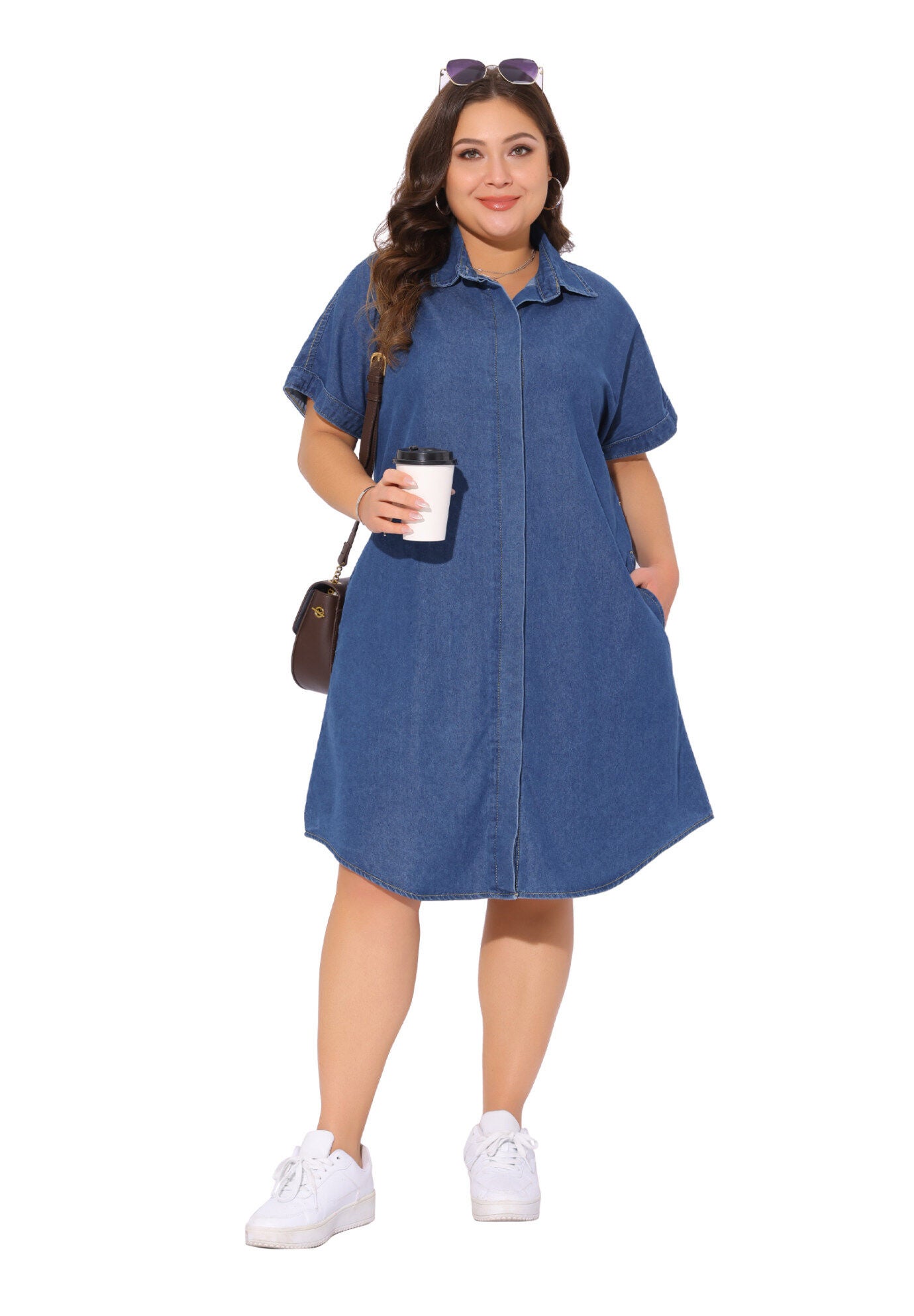 Short Sleeve Button Down with Pockets Midi Jean Denim Shirt Dress, Blue / Chambray Denim Medium, hi-res image number 0