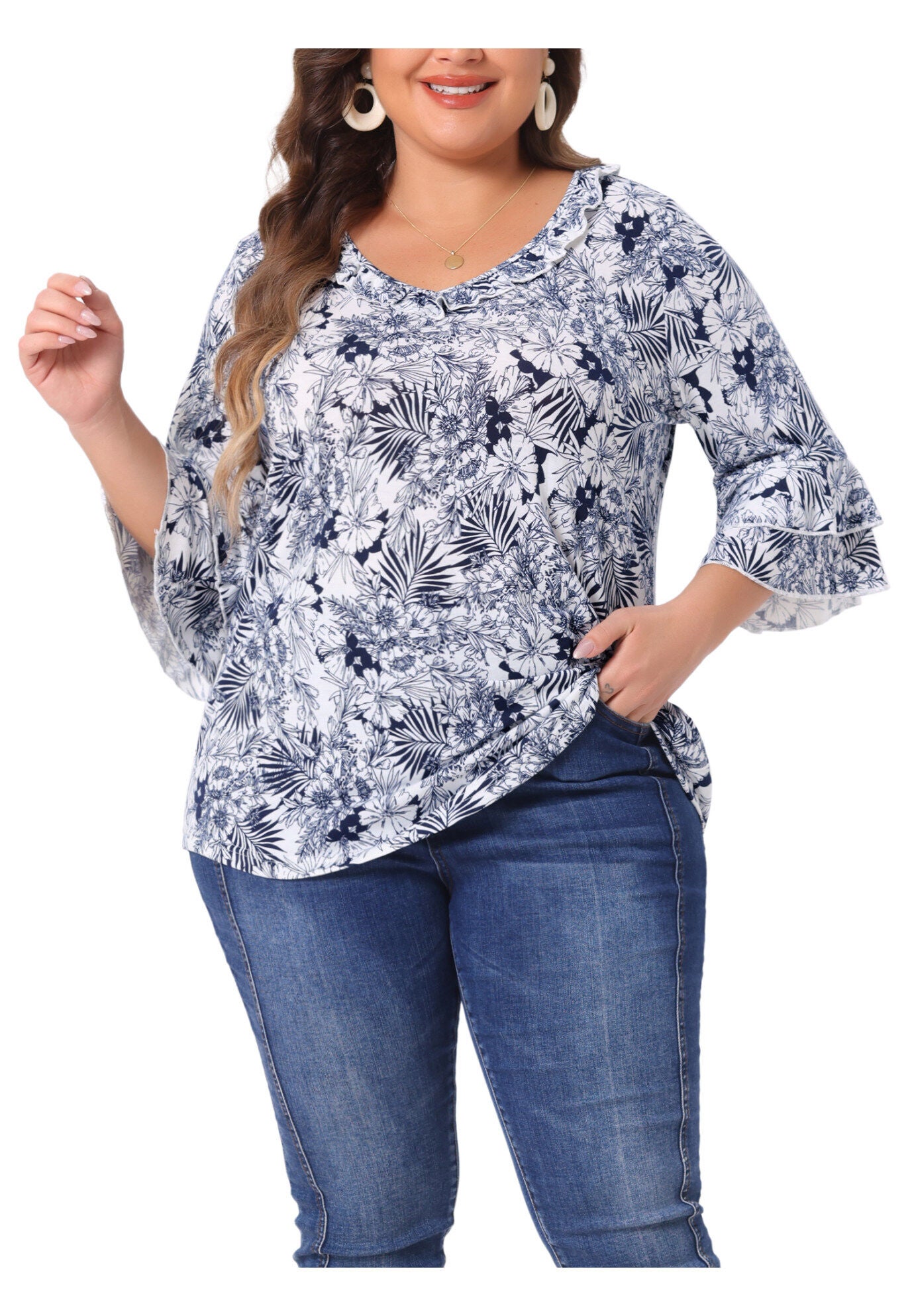 Floral Print V Neck Tiered Ruffle Bell Sleeve Blouse Top, White Blue / White, alternate image number 2