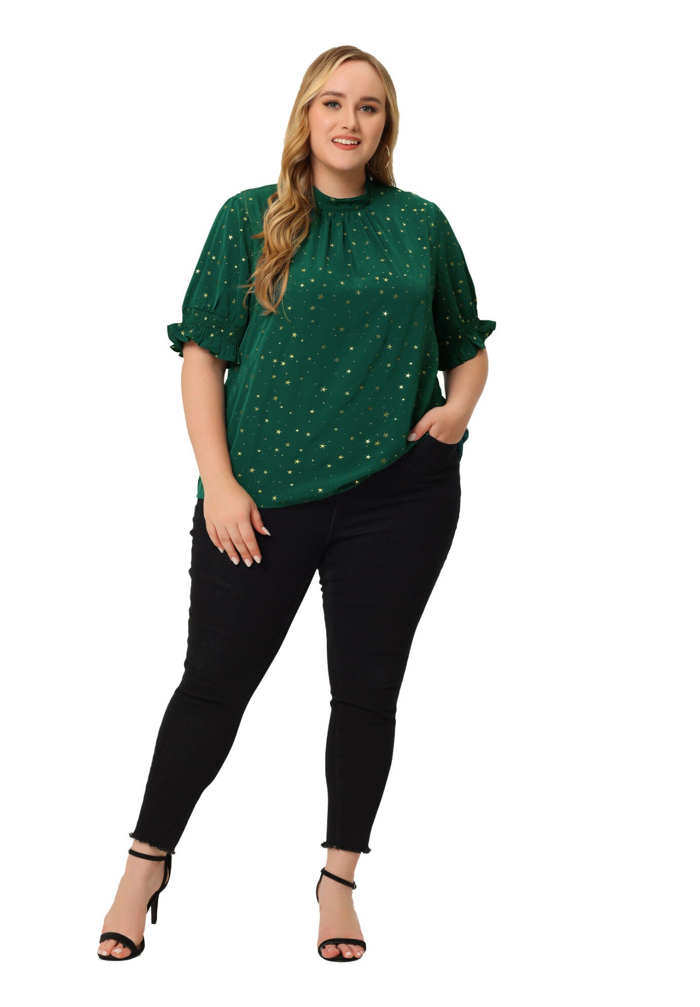 Pleated Mock Neck Star Print Puff Sleeve Blouse Top, Green / Forest Green, hi-res image number 0